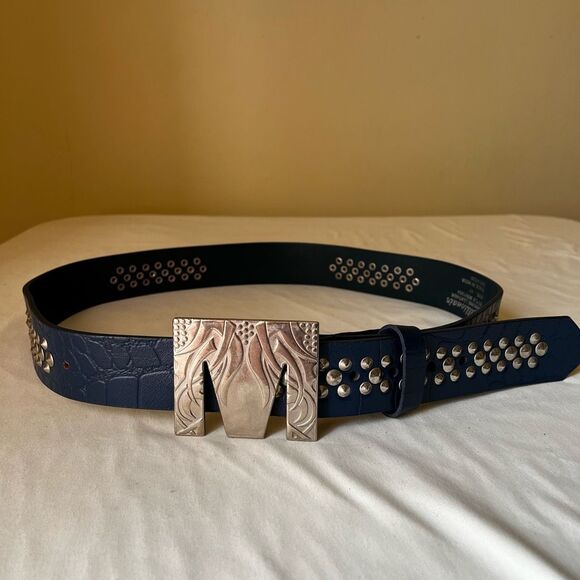 Blue Croc Embossed Studded Leather‎ Belt Silver M Buckle Statement Y2K 40" - Picture 1 of 9